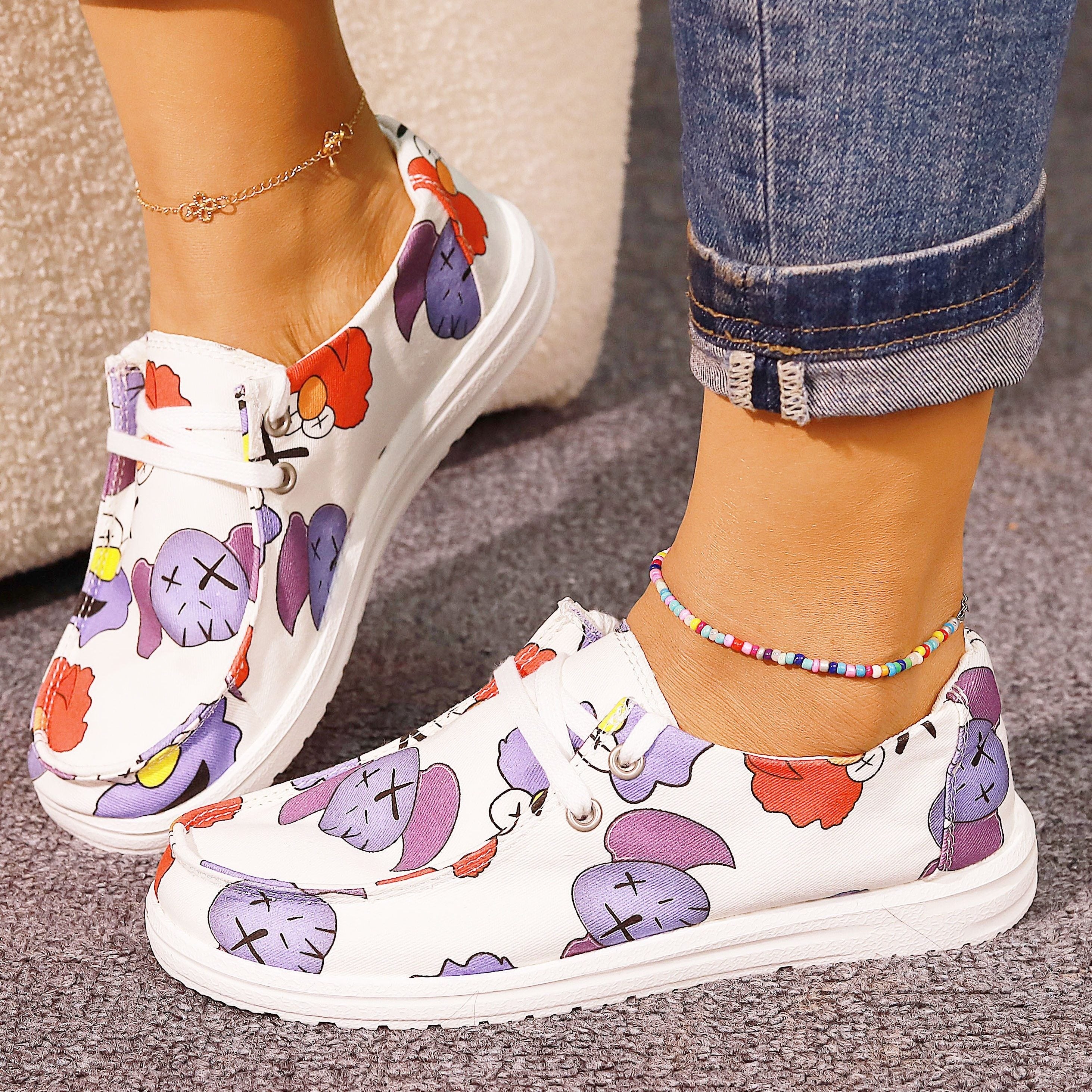 Women's Cartoon Printed Flat Shoes Casual Slip On Canvas Shoes