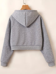 Drawstring Crop Hoodie Zip Up Long Sleeve