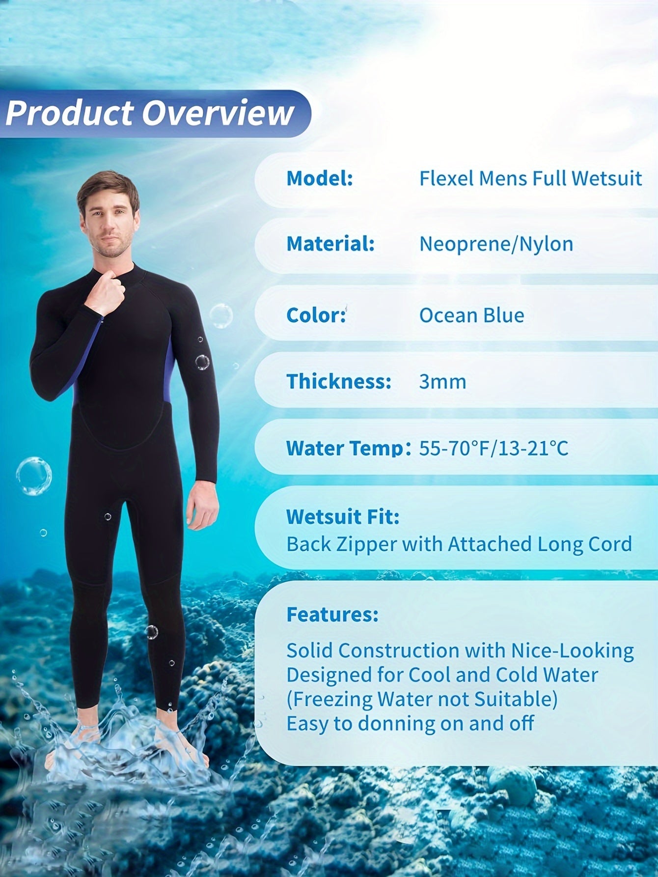 FLEXEL Men's 3mm Skinny Fit Long Sleeve Wetsuit Sun Protection