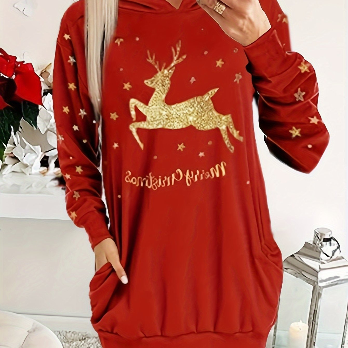  Christmas Casual Dress Women's Plus Slogan & Deer Print Hooded Dress