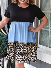  Colorblock Leopard Print Short Sleeve Dress