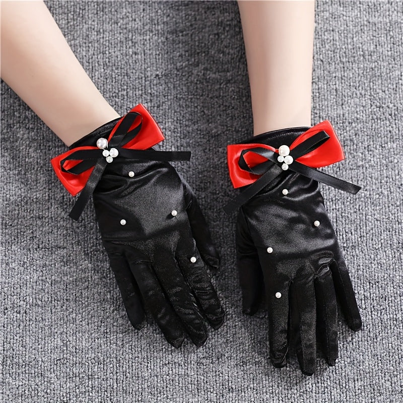 Bridal Gloves Red Bow Pearl Accents Funky Polyester Wedding Dress Accessory