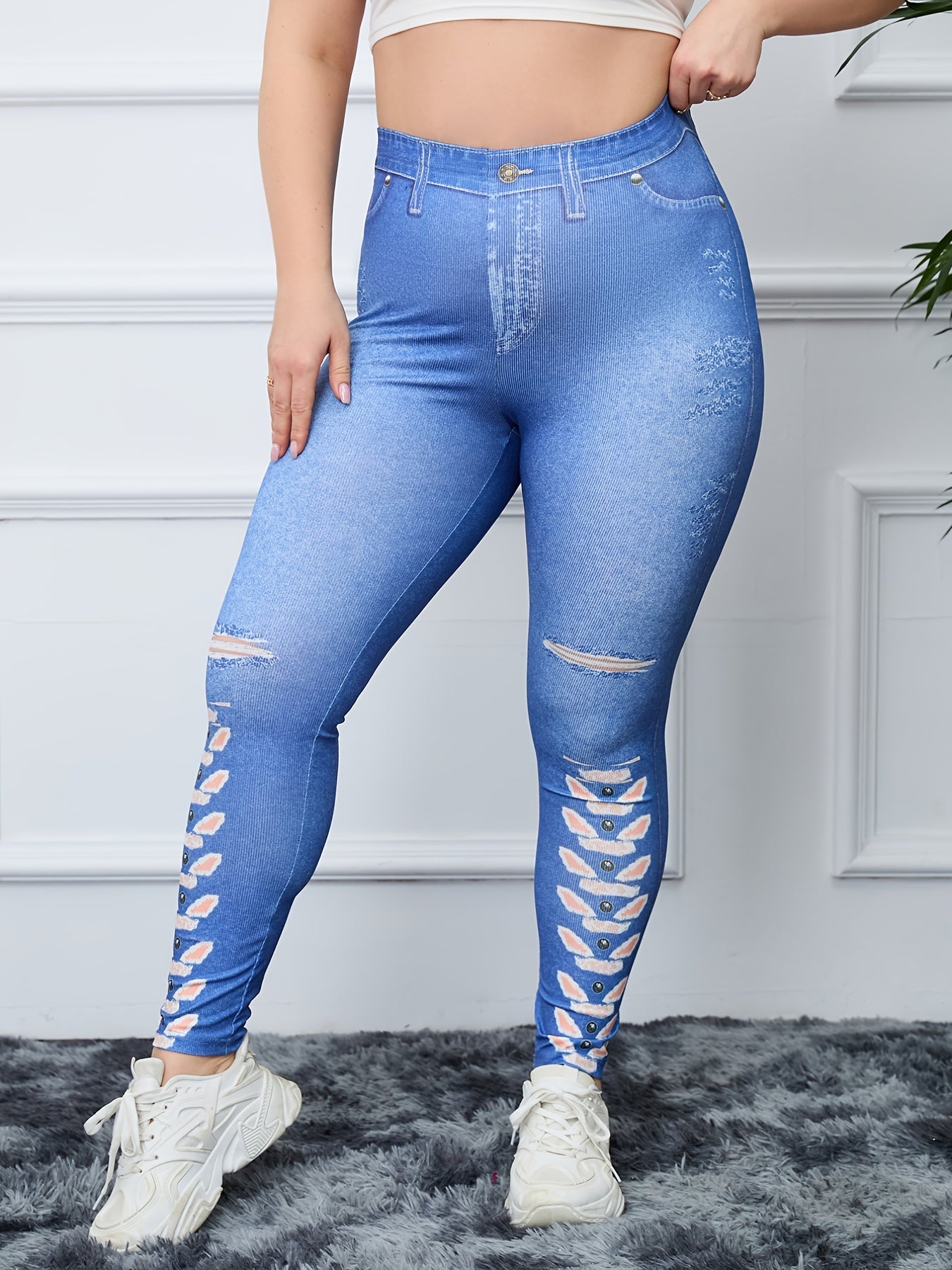  Denim Print High Rise Skinny Leggings