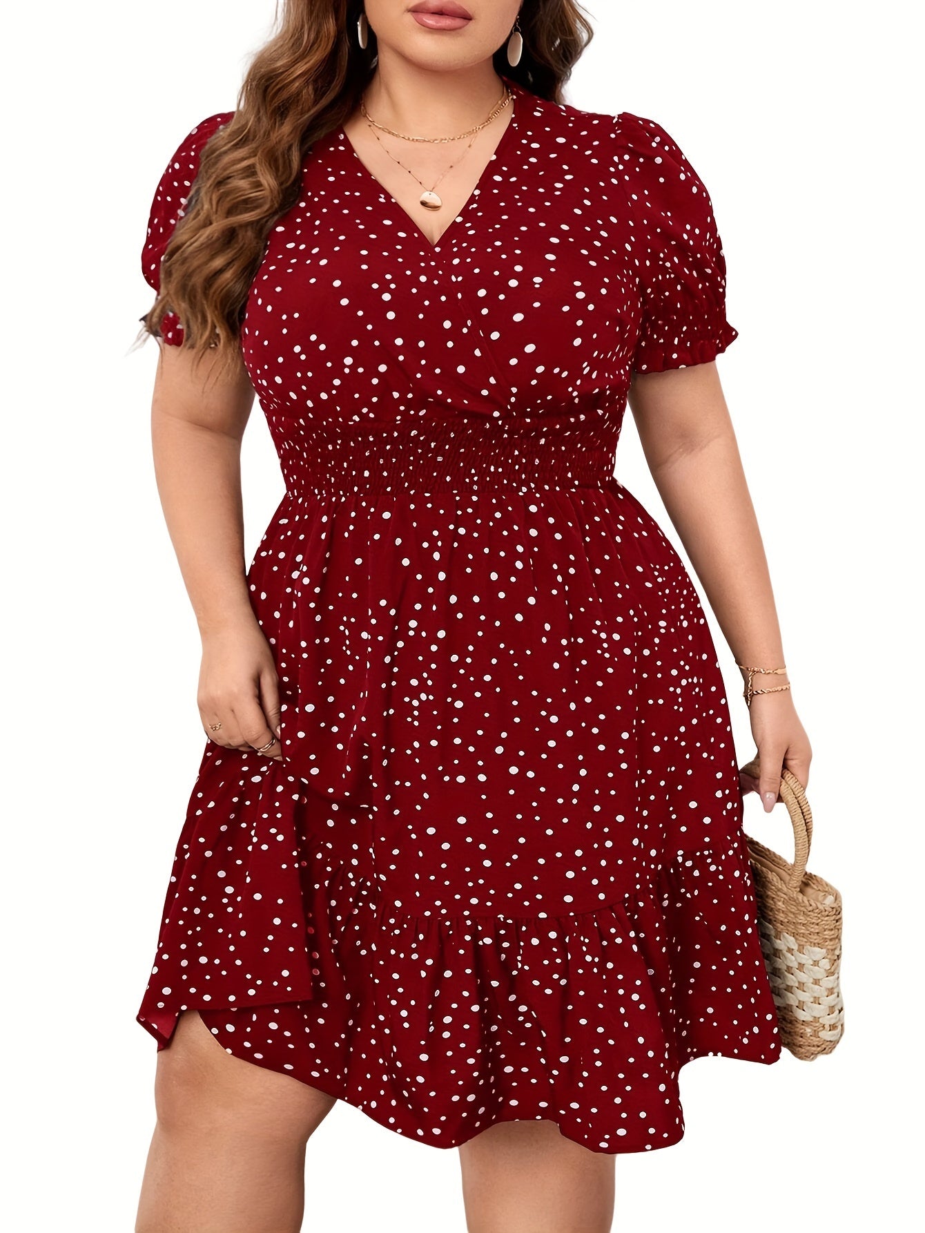  Dot Print Puff Sleeve V Neck Knee Length Dress