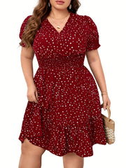  Dot Print Puff Sleeve V Neck Knee Length Dress