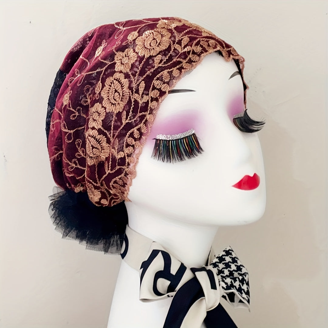 Vintage Lace Flower Embroidery Turban Cap Mesh Hijab Head Scarf