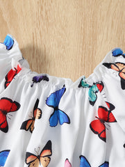 2pcs Girls Butterfly Print Bardot Top & Skirt Set