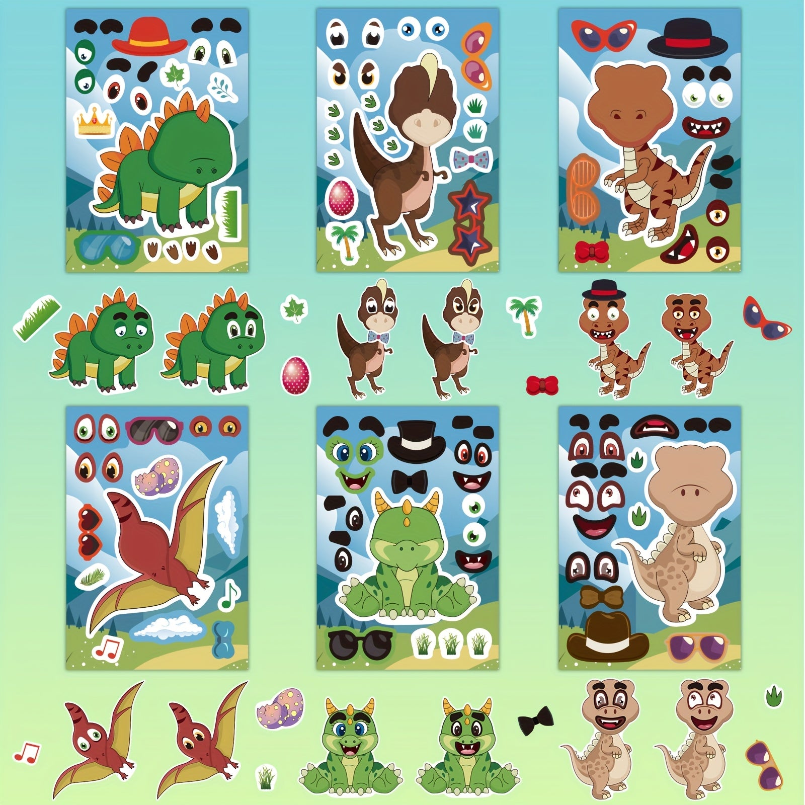 Cartoon Dinosaur Face Decal Sticker Set - 6pcs 12pcs Disposable