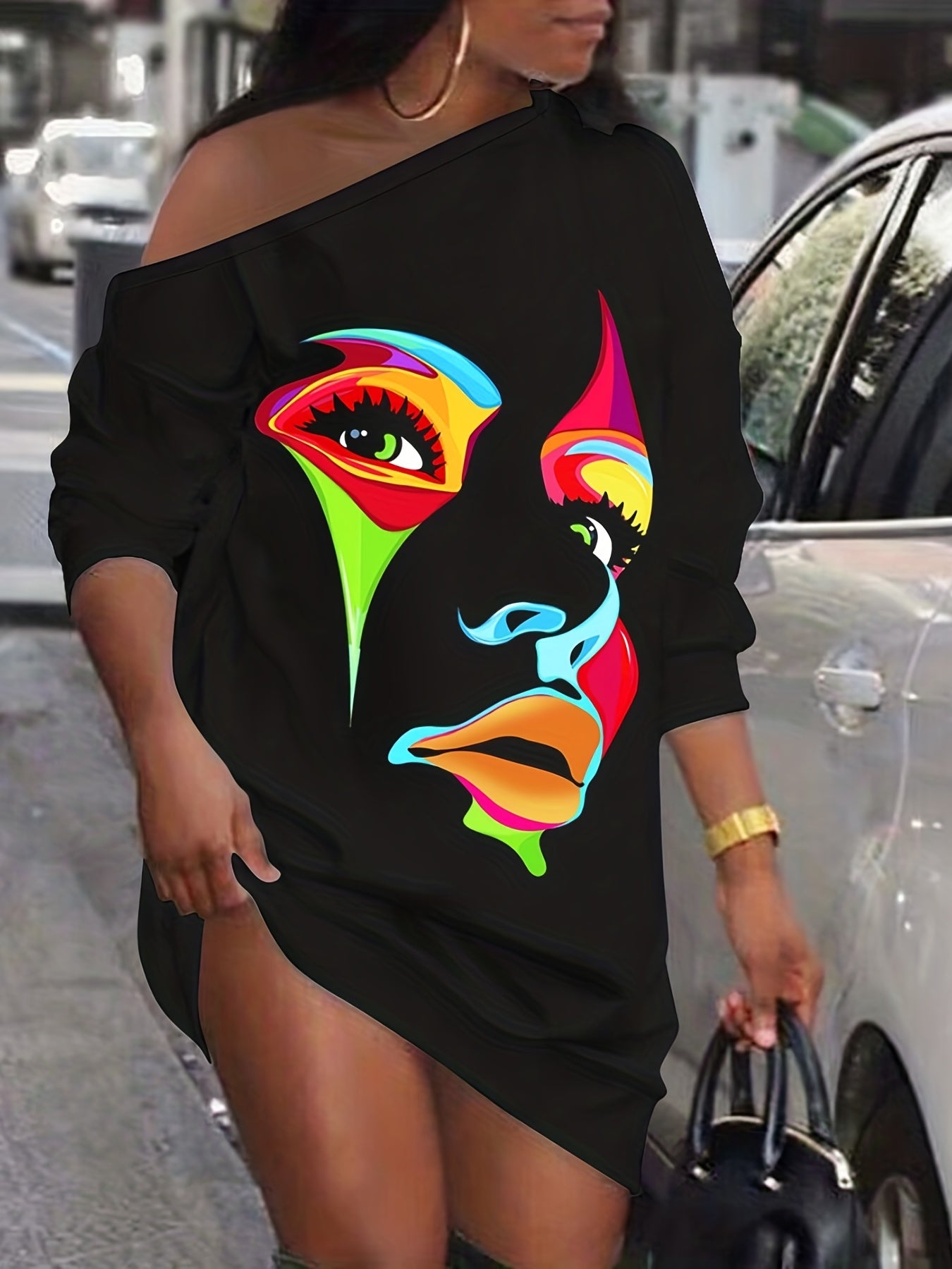  Sexy Dress Women's Plus Abstract Print One Shoulder Long Sleeve Tee