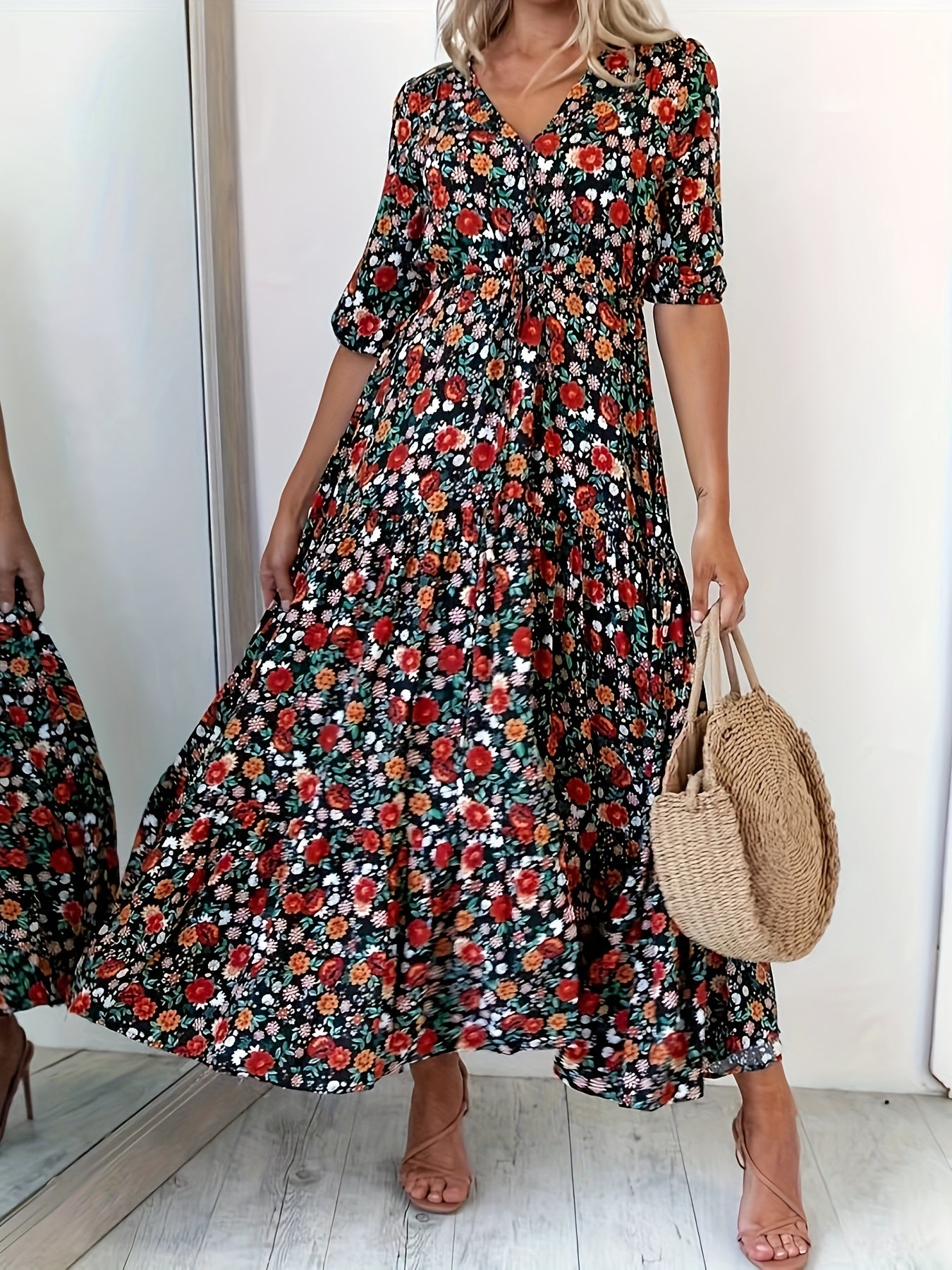  Floral Print Long Sleeve V Neck Maxi Dress