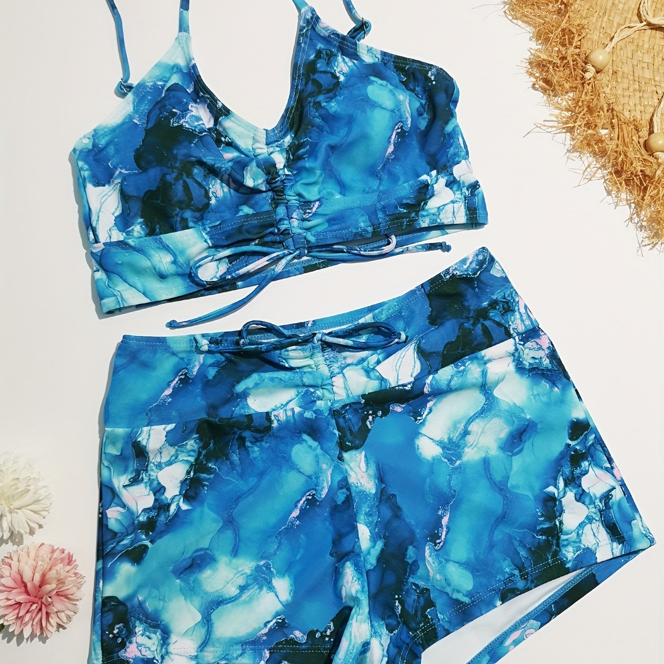 Water Ripples Print Drawstring Bikini Set Swimsuit Women's Swimwear