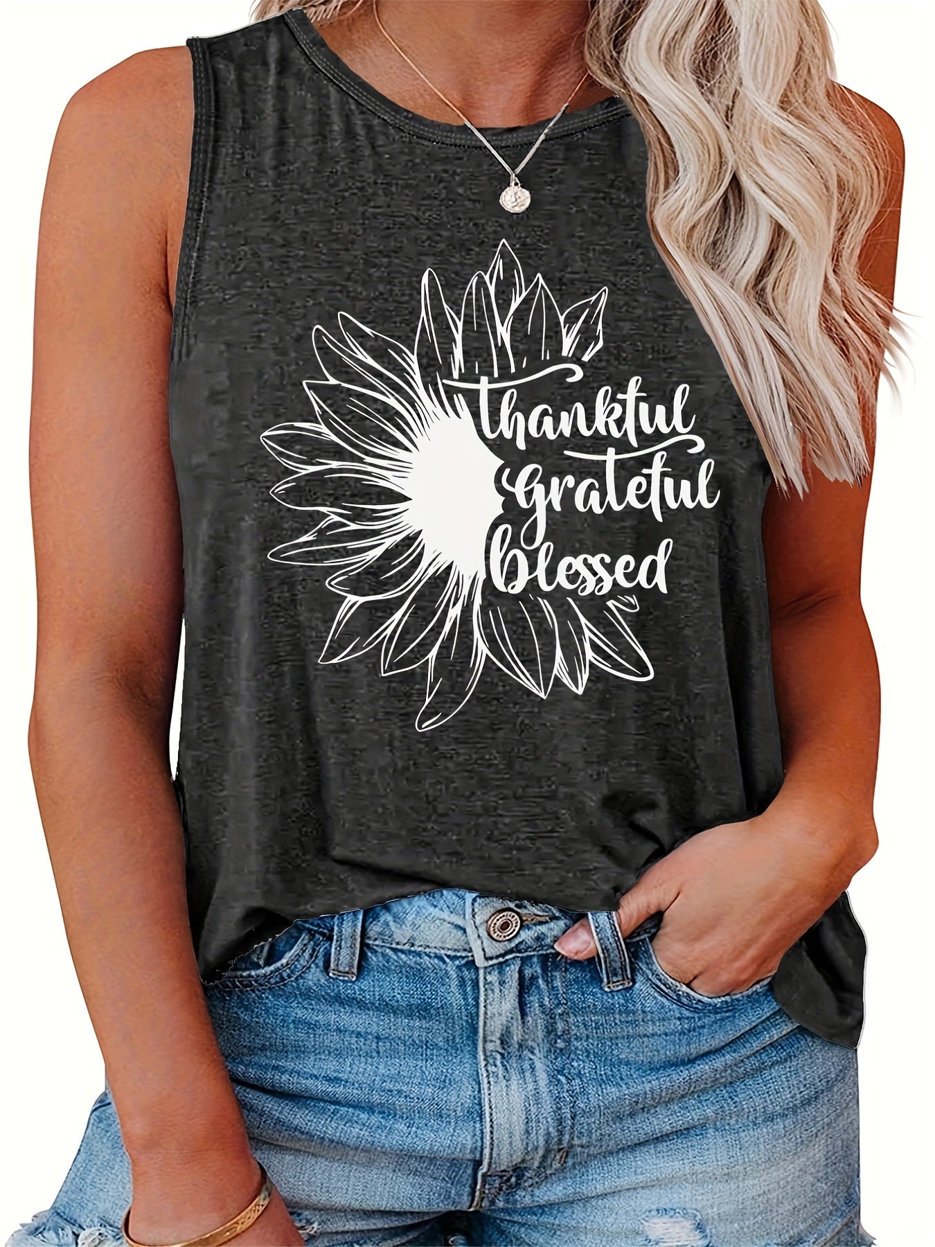  Casual Tank Top Women's Plus Slogan & Floral Print