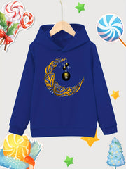 Moon Lantern Print Girls Cotton Pullover Hooded Sweatshirt for Autumn Winter