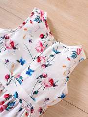 Girls V neck Flowers Graphic Belted Skirt Rompers
