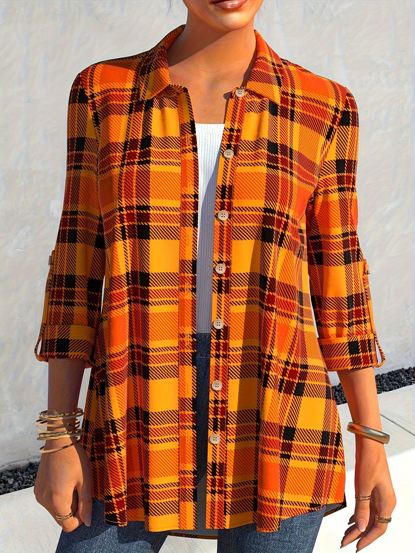  Plaid Roll Up Sleeve Button Up Shirt