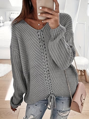  Casual Sweater Women's Plus Solid V Neck Lace Up Pullover Jumper