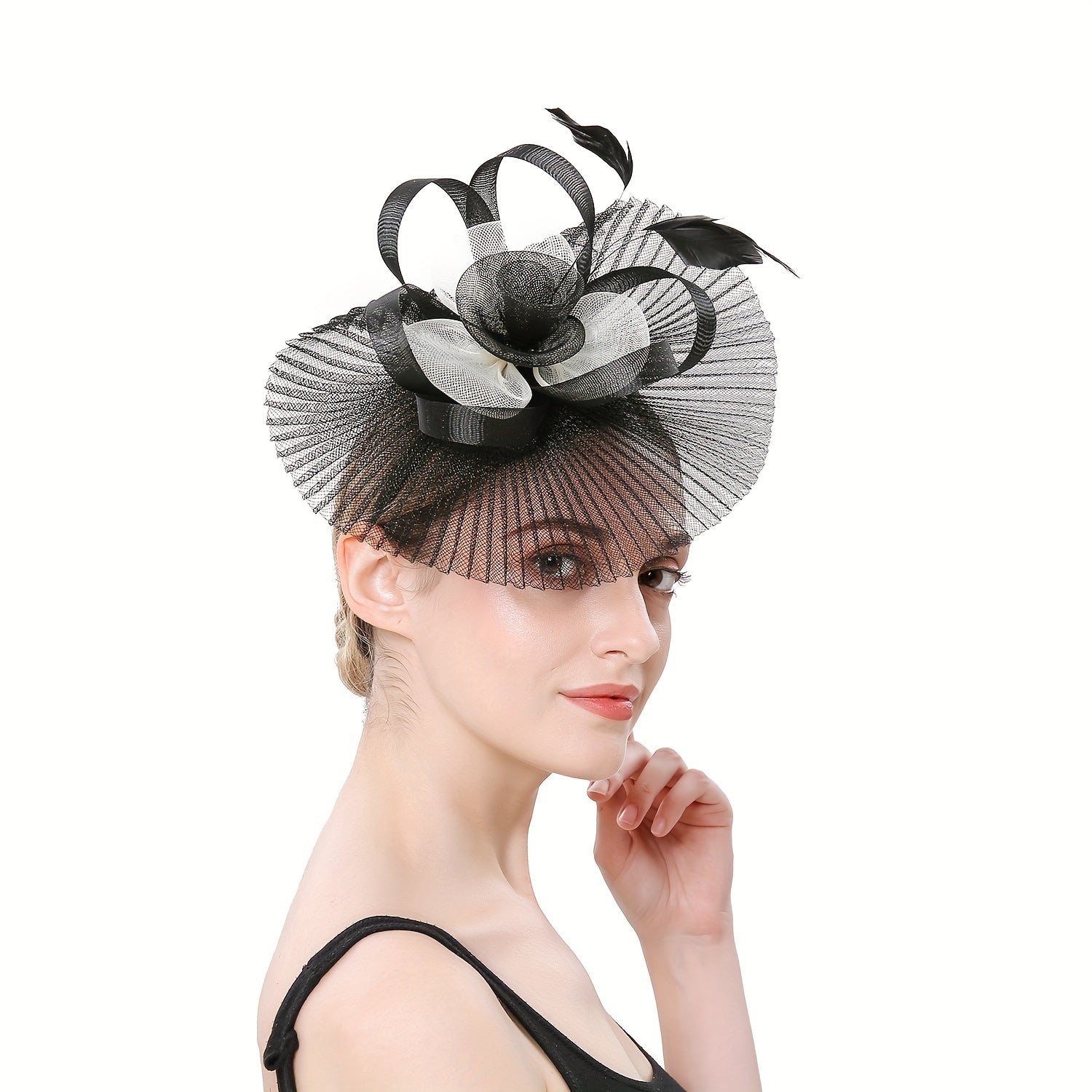 Pleated Mesh Flower Fascinator Hat With Veil Headwear 20s Hat