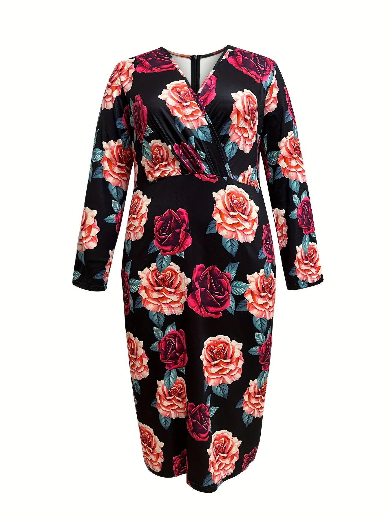 Women's Plus Houndstooth Print Long Sleeve Surplice Neck Dress