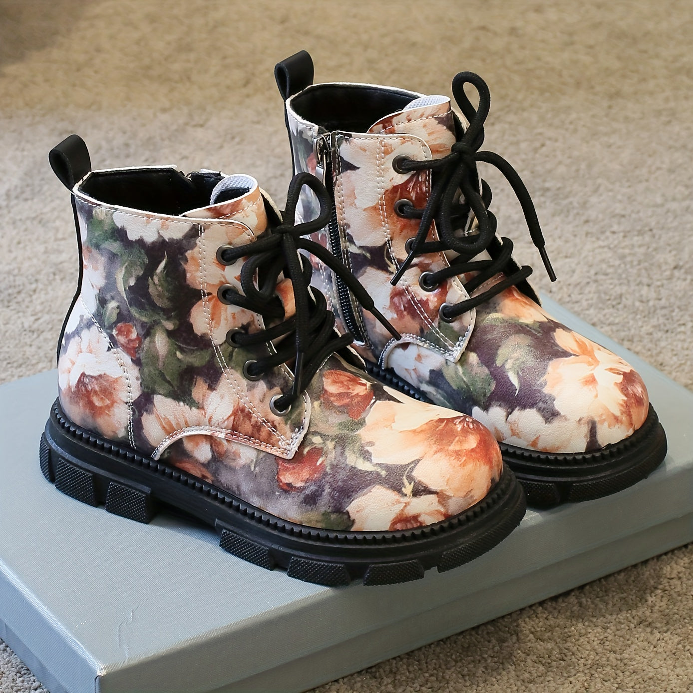 Girls Flower Print Lace Up Boots, Non Slip & Comfortable