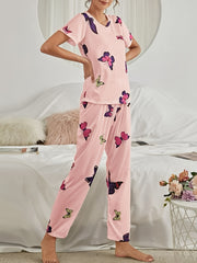 Butterfly Print Pajama Set Short Sleeve Top & Elastic Waistband Pants