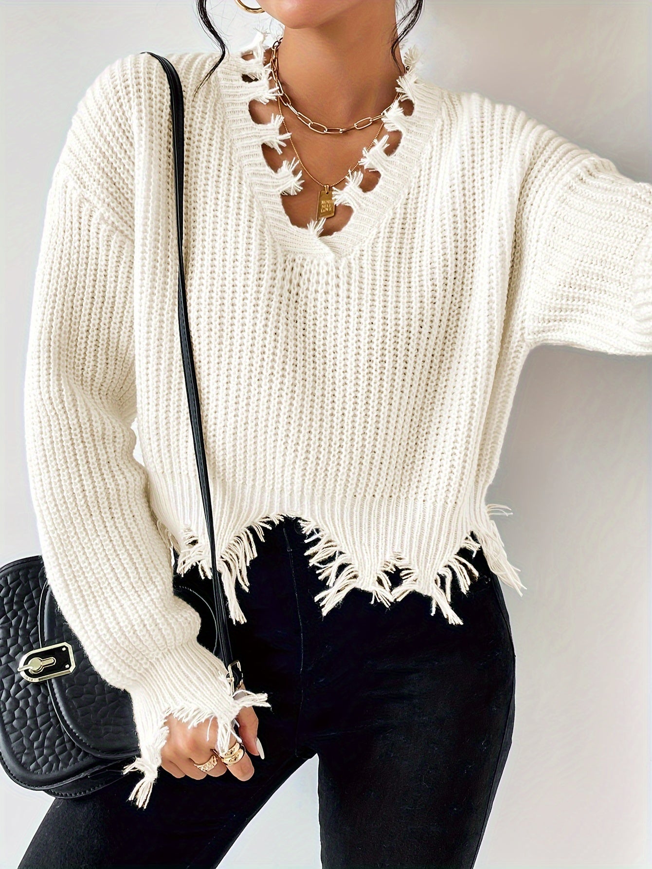  Y2K Distressed Trim Long Sleeve Crop Jumper