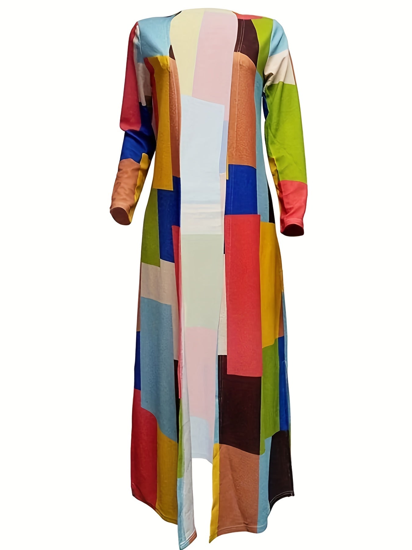  Colorblock Geometric Print Long Cardigan