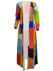  Colorblock Geometric Print Long Cardigan