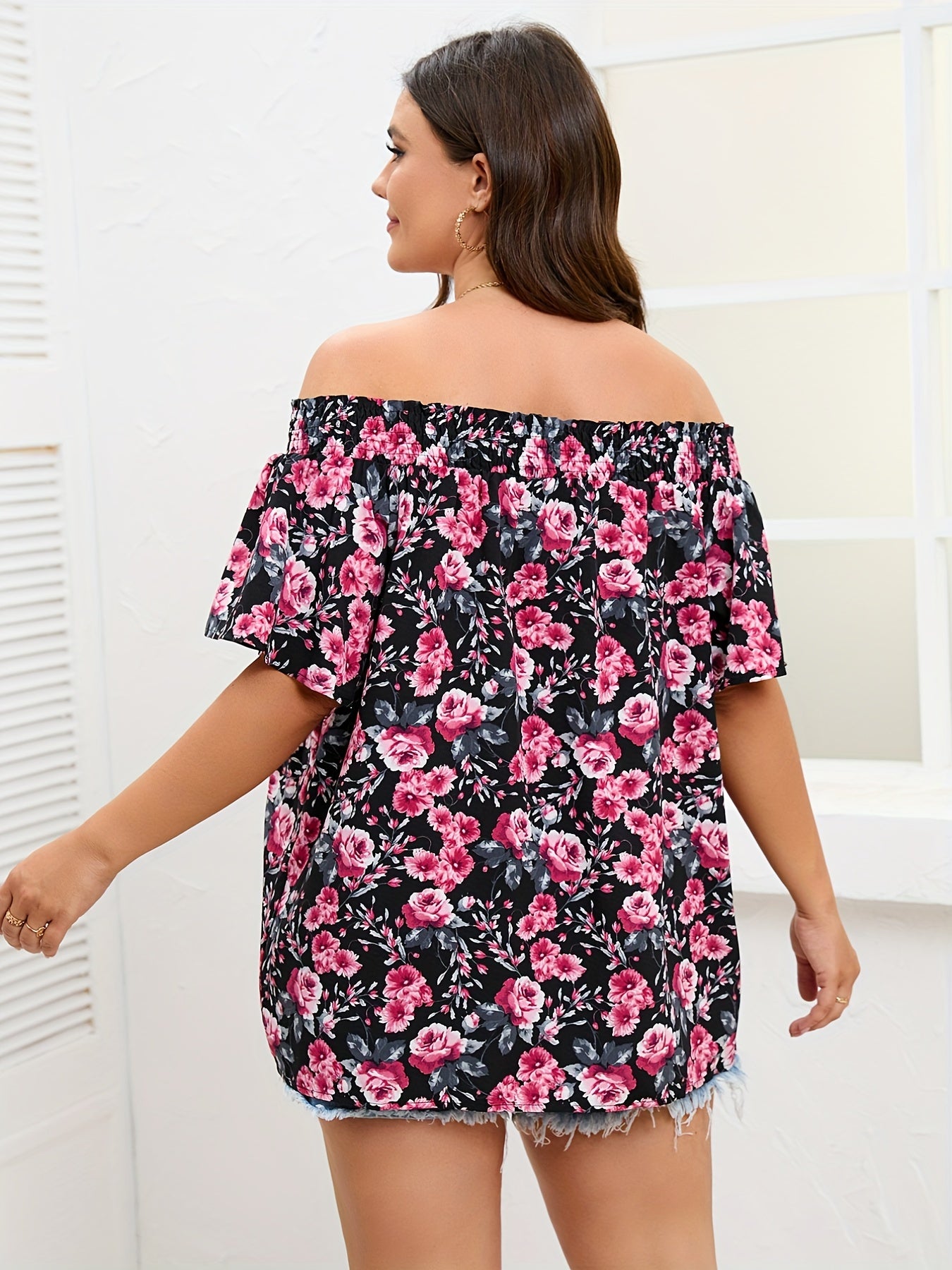  Rose Print Off Shoulder Short Sleeve Top