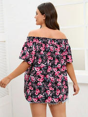  Rose Print Off Shoulder Short Sleeve Top