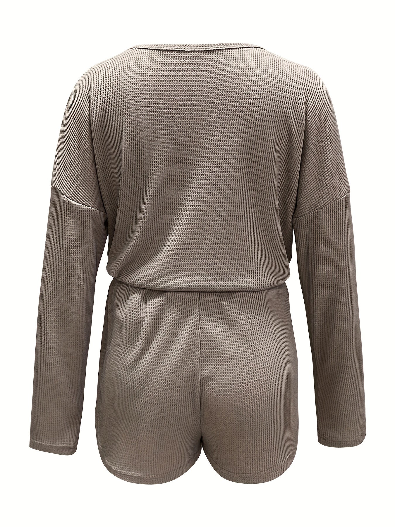 Casual Waffle Two piece Set Long Sleeve T shirt & Drawstring Shorts