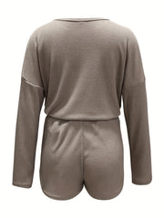 Casual Waffle Two piece Set Long Sleeve T shirt & Drawstring Shorts