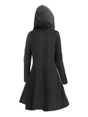  Solid Jacquard Button Up Long Sleeve Hooded Dress