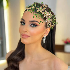 Bohemian Leaf Hair Clip Green & Golden Glitter Bridal Hairpin