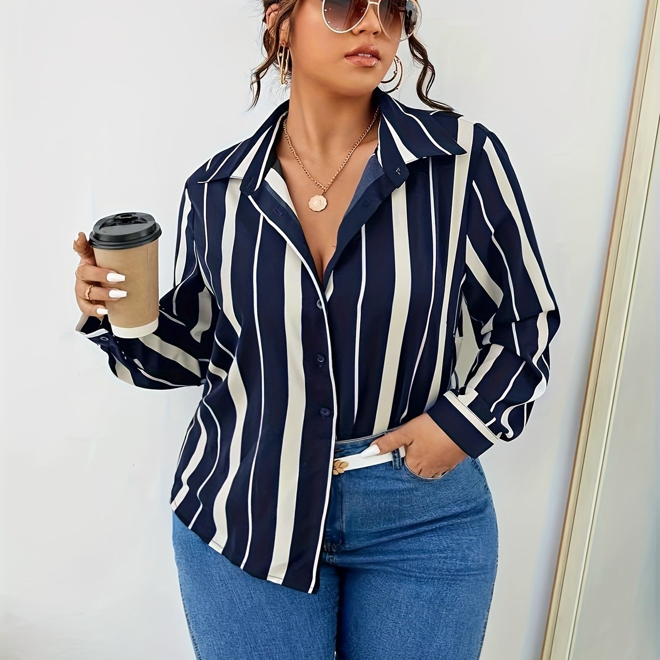  Stripe Print Long Sleeve Button Up Shirt Top