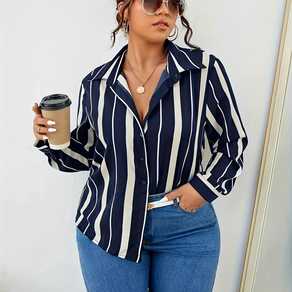  Stripe Print Long Sleeve Button Up Shirt Top