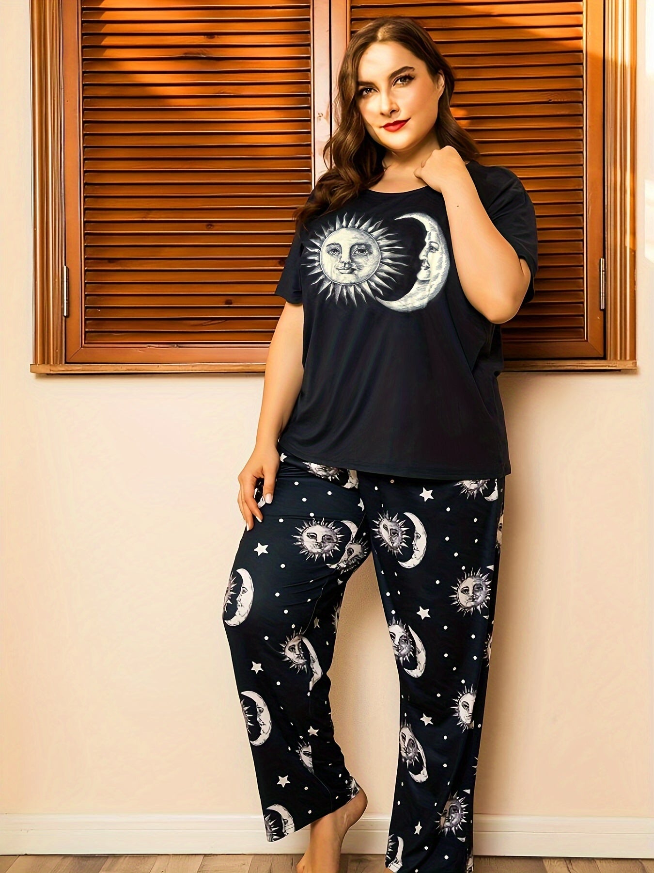  Sun & Moon Print Loungewear Set Short Sleeve T shirt & Pants