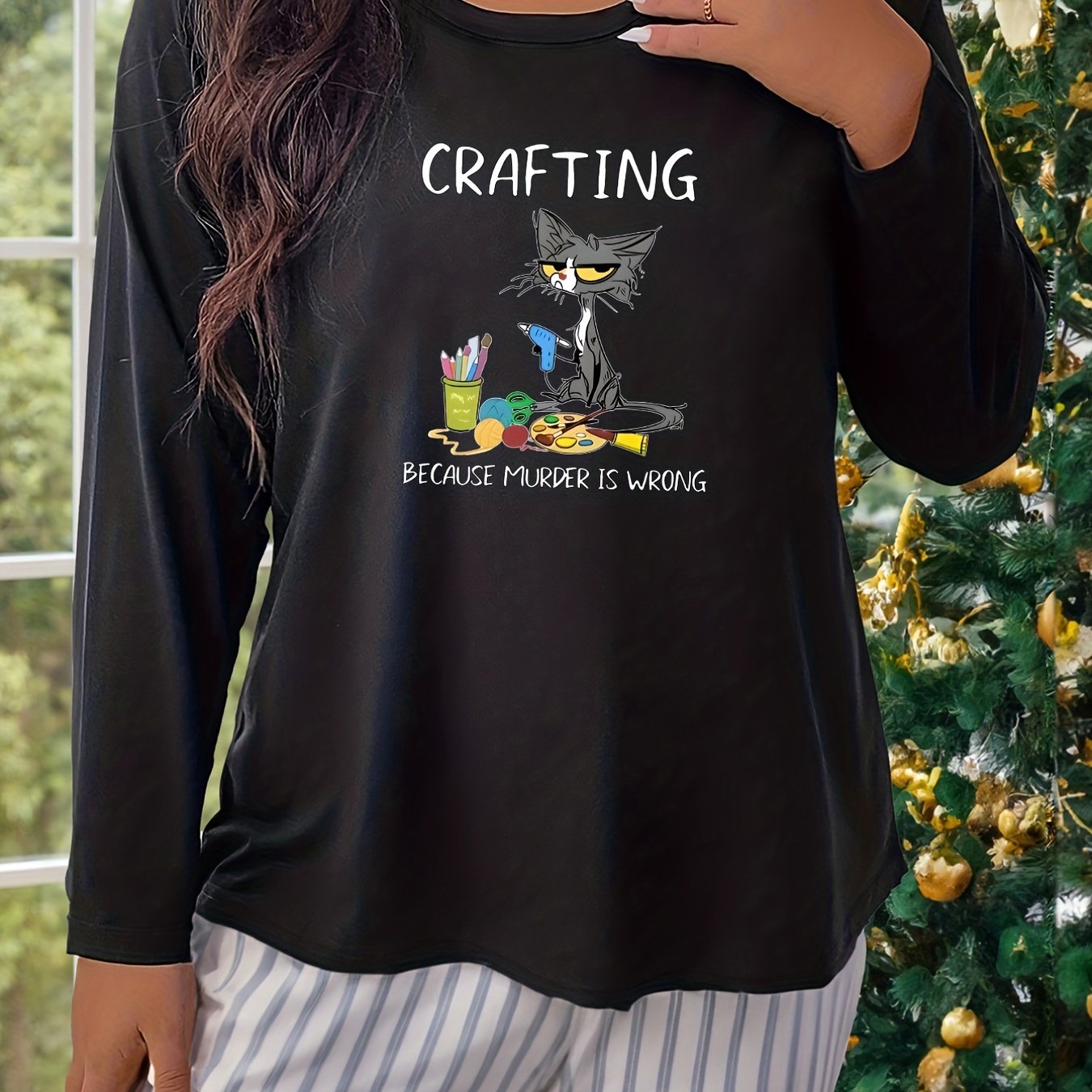  Cat & Letter Print Long Sleeve Pajama Top