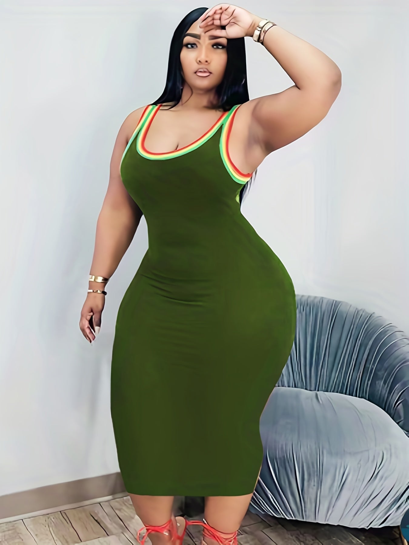  Casual Tank Dress Women's Plus Colorblock Rainbow Trim Round Neck