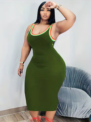  Casual Tank Dress Women's Plus Colorblock Rainbow Trim Round Neck