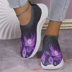 Rhinestone Decor Floral Sneakers Low Top Slip On Knit Sock Shoes