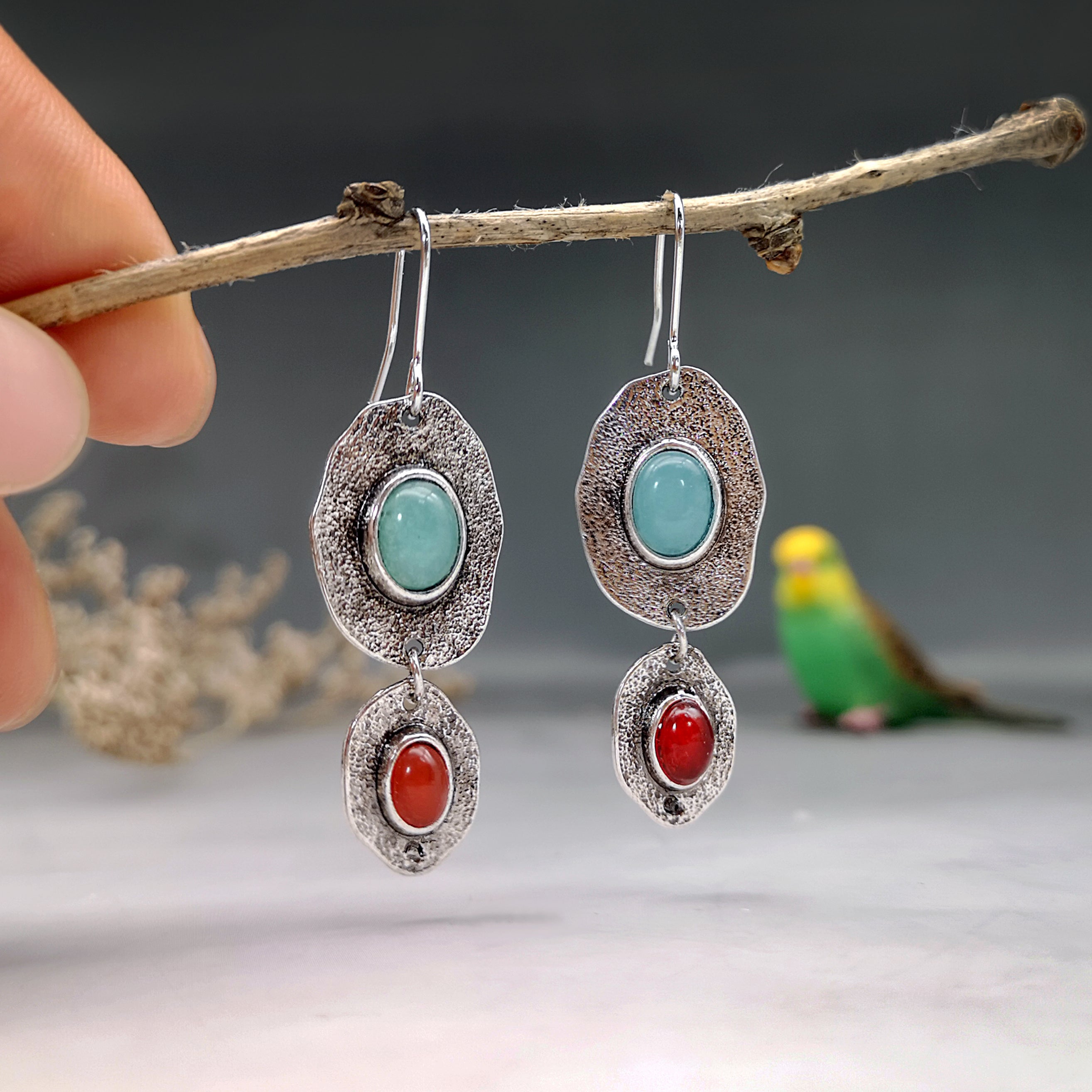 Bohemian Asymmetric Vintage Earrings, Synthetic Gemstone 1Pair