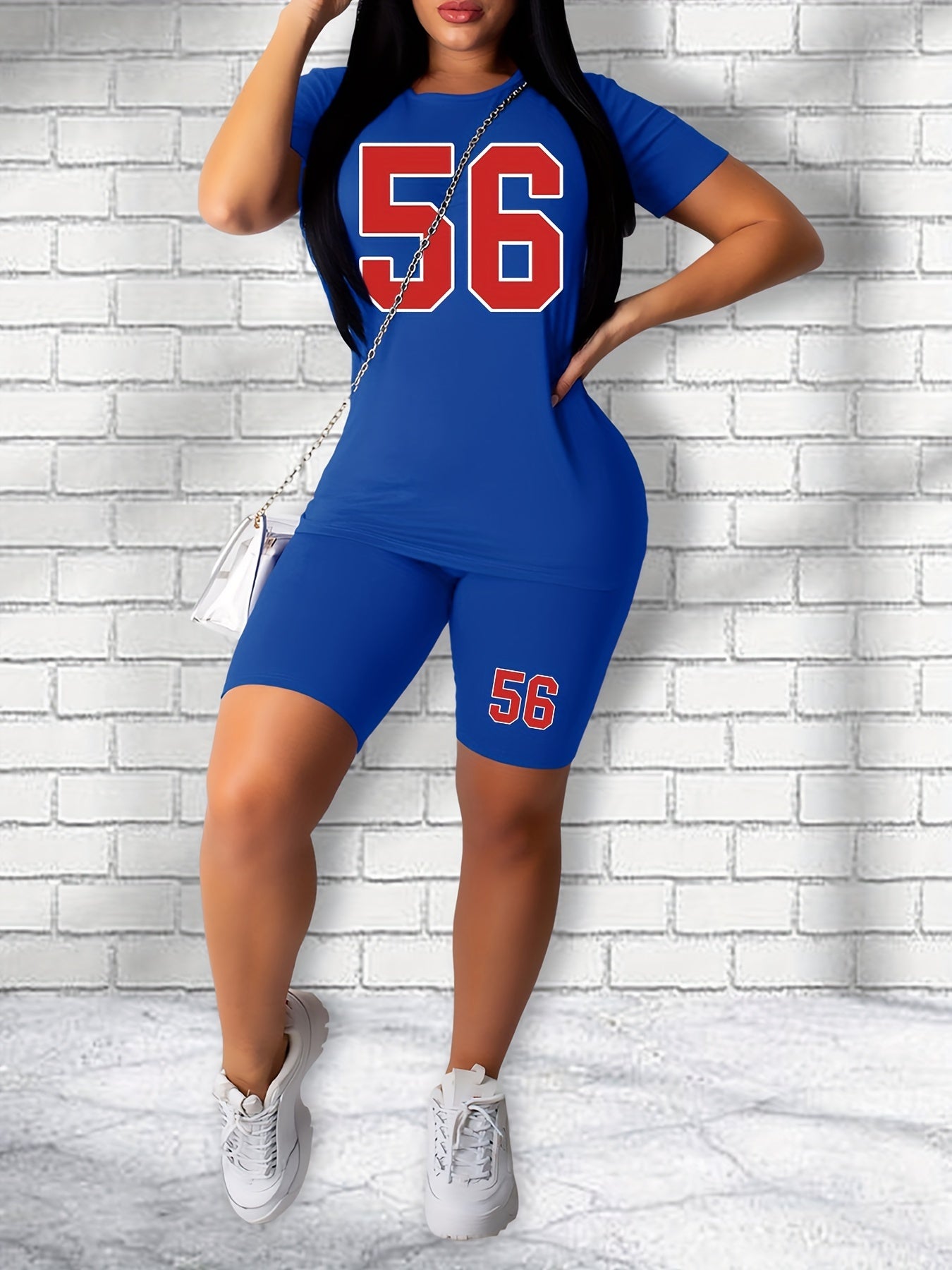 Casual Two Piece Set Short Sleeve Tee & Slim Shorts, Women's Outfit
