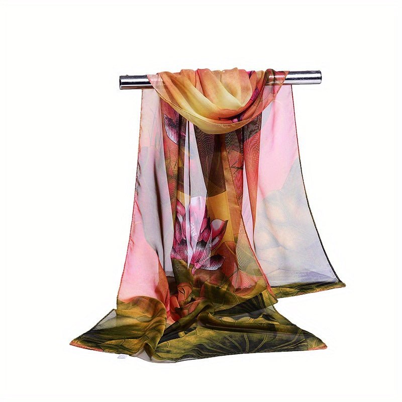 Vintage Lotus Print Thin Scarf Casual Gauze Shawl Head Wrap