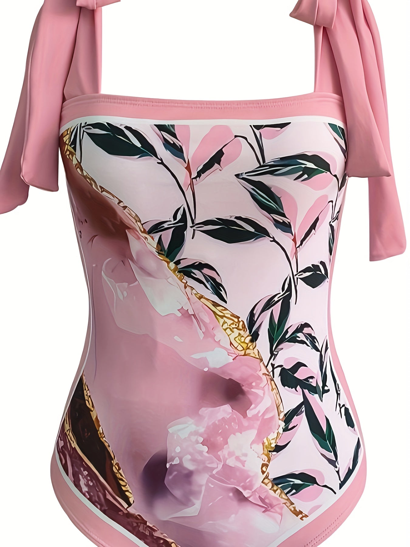  Retro Tankini Set Leaf & Mable Print Tie Shoulder Swimsuit