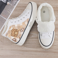 Bear Print Plush Lined Thermal Chunky Canvas Sneakers Flat Heighten