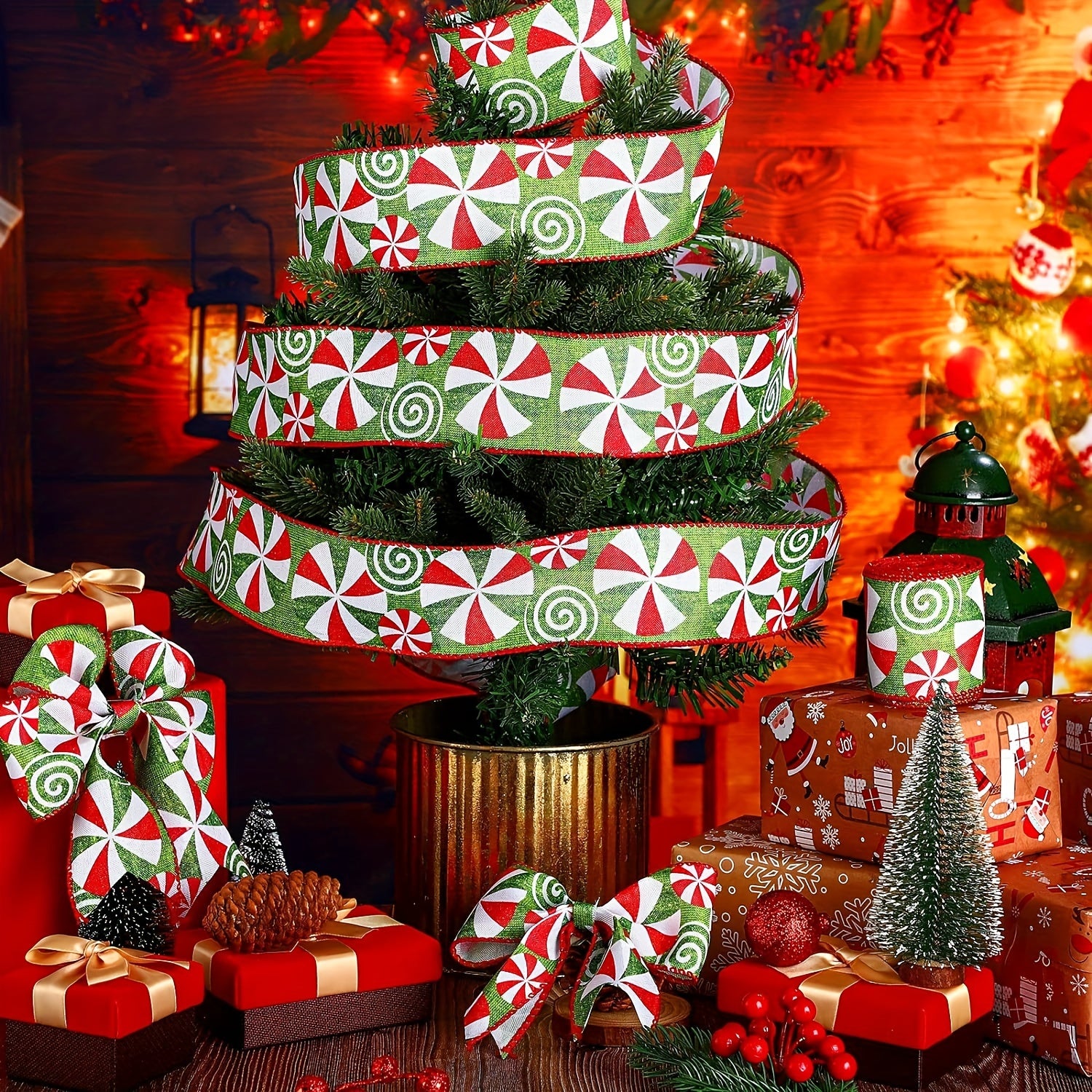 Christmas Candy Peppermint Wired Edge Ribbon 4 57m