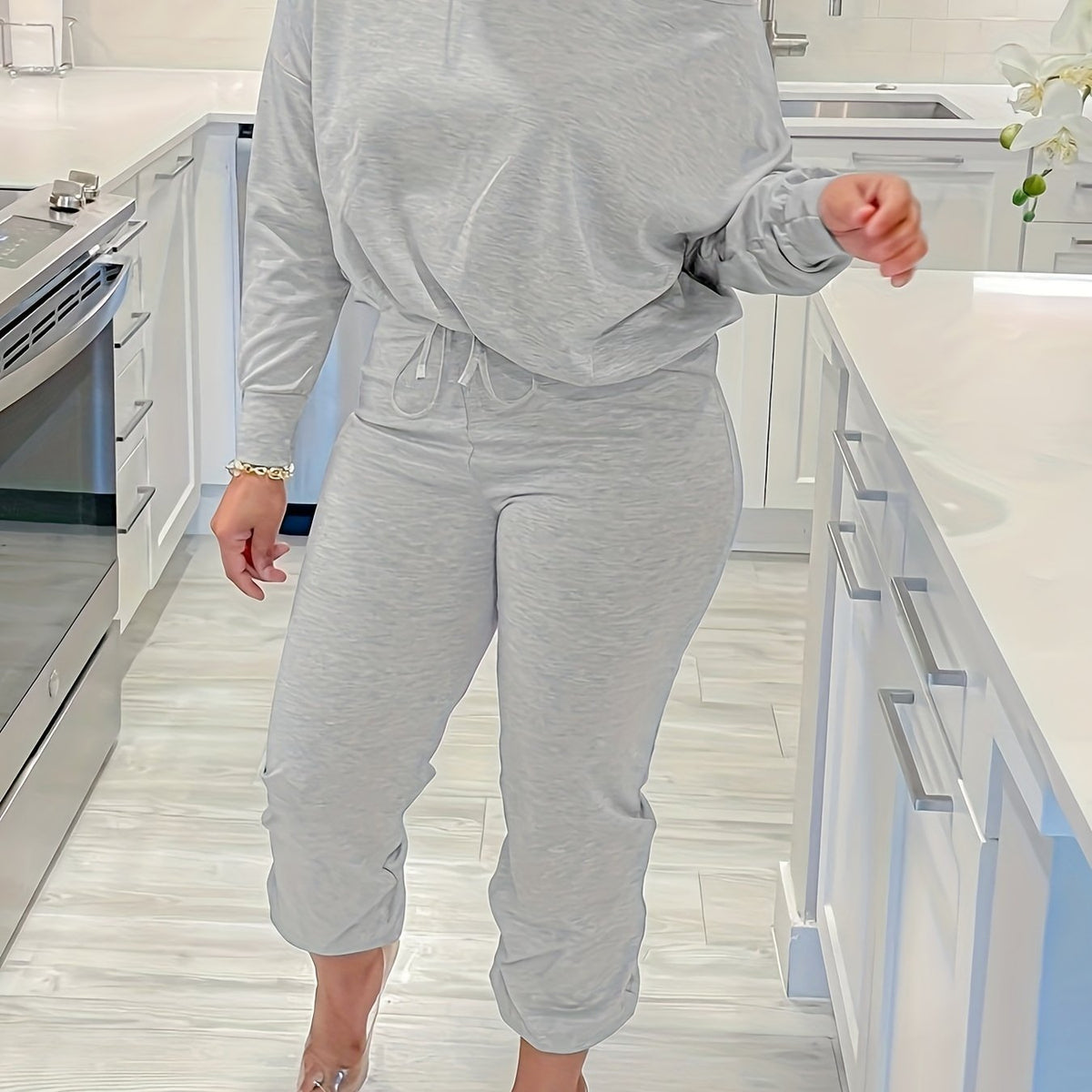  Solid Drop Shoulder Long Sleeve Top & Jogger Pants Outfits