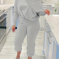  Solid Drop Shoulder Long Sleeve Top & Jogger Pants Outfits