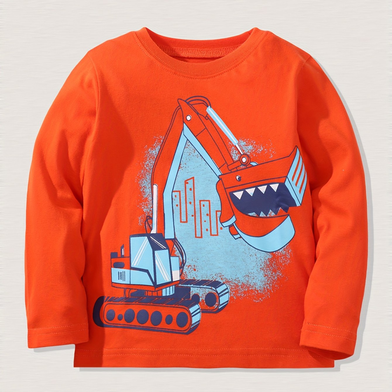 Excavator Print Kid's Cotton Pullover Long Sleeve Top