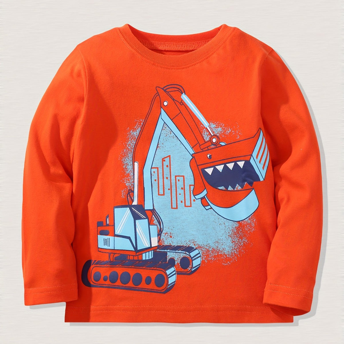 Excavator Print Kid's Cotton Pullover Long Sleeve Top